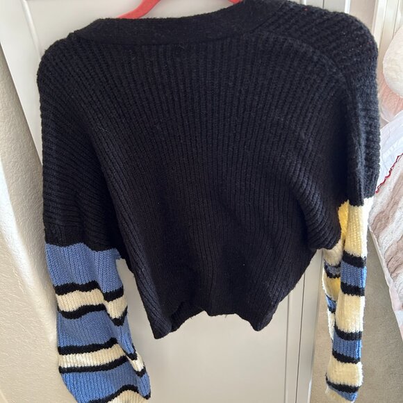 Black Cardigan with Blue and White Multicolor Sleeves - Picture 4 of 4